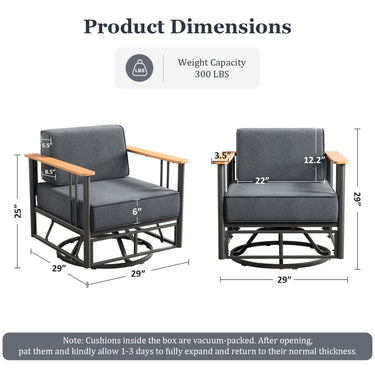 Pair of Belord patio swivel rocker chairs with 6-inch cushions, sturdy design, suitable for outdoor use, part of BINGLI series.