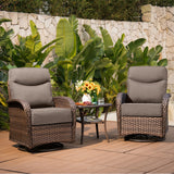 Belord outdoor swivel glider patio chairs with cushioned wicker seats and side table in a luxury outdoor patio conversation set.