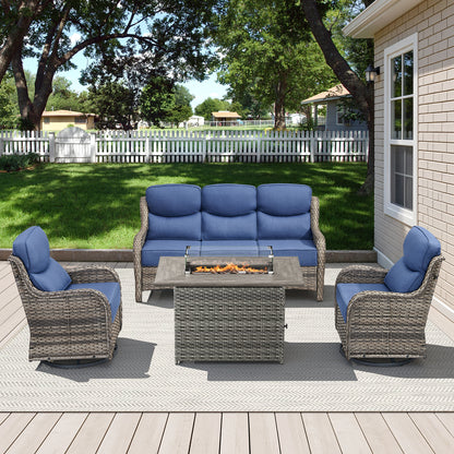 4PCS Outdoor Patio Fire Pit Set for Garden Parties, Rattan Sofa & Swivel Chairs with Rectangular Fire Table and Wind Glass, NT Series