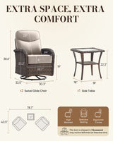 Belord outdoor swivel glider patio chairs with thick cushions and side table, part of the luxury wicker conversation set.