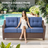 Belord outdoor wicker 3-seat patio sofa with thick cushions from the OVOLO Series, perfect for outdoor conversation and relaxation.