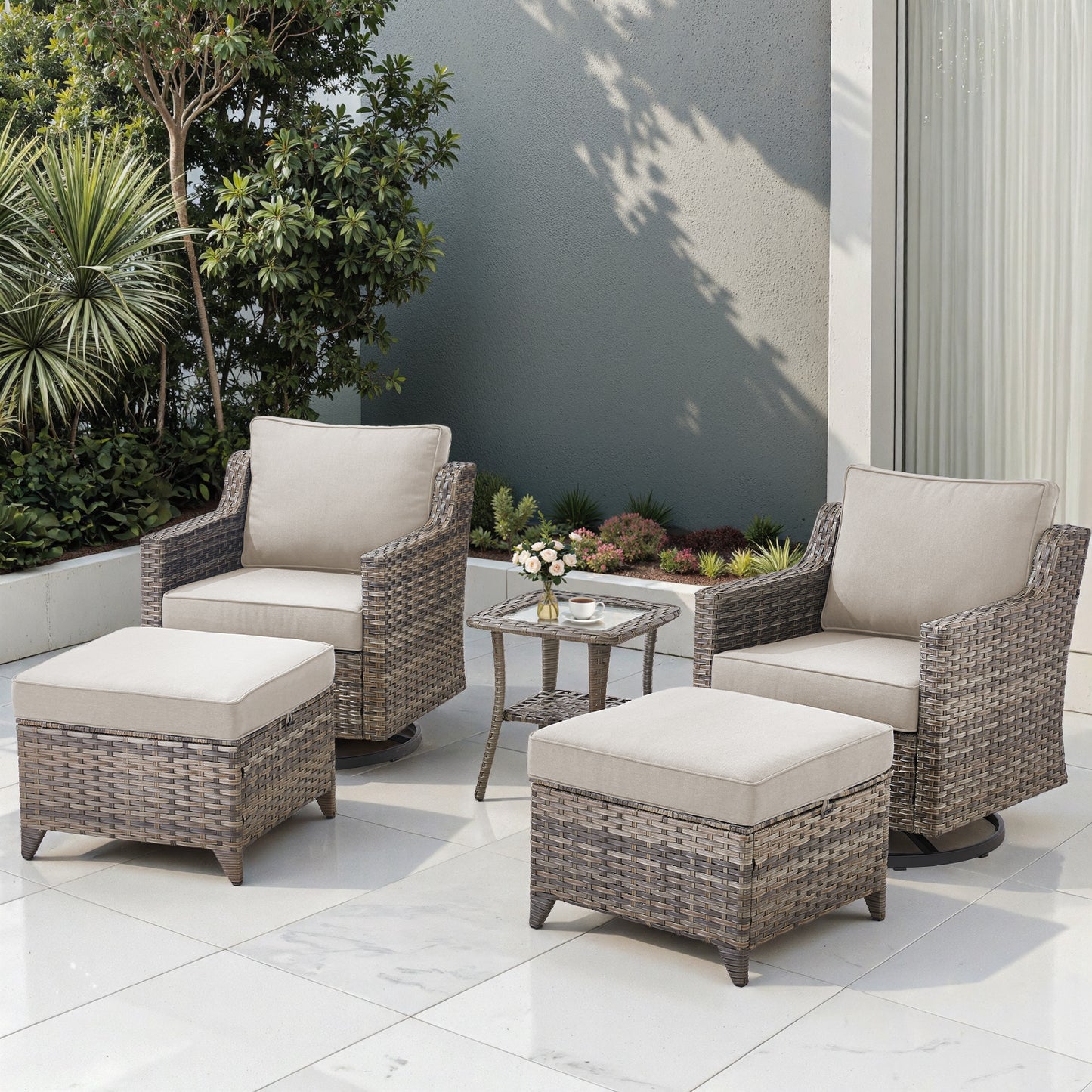 Outdoor Swivel Chair Set (5 Pcs): 2 Glider Chairs, Ottoman Pair & Glass Accent Table, FG Series