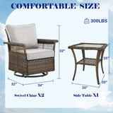 Set of three Belord wicker swivel patio chairs with cushions and side table, SS Series outdoor furniture for relaxing outdoor spaces.