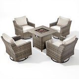 Belord 5-piece patio fire table set with four swivel chairs around a central fire pit table, outdoor furniture for patio gatherings.