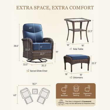 5 Piece Wicker Swivel Glider Patio Chairs with Table Ottoman, ND Series