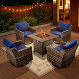 Belord 5-piece patio fire table set with four swivel chairs and a fire pit table for outdoor seating and warmth.