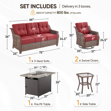 Belord 5-piece wicker patio fire table set with swivel glider chairs and sofa, featuring a central fire pit table for outdoor relaxation.