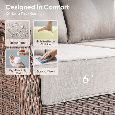 Belord Outdoor Wicker 3-seat sofa from the Ovolo Series with plush 6-inch cushions, perfect for patio conversation sets.