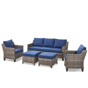 Belord 5-piece outdoor lounge set with high-back wicker couch, two patio chairs, ottomans, and plush cushions for patio comfort.