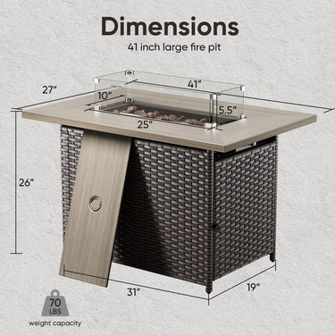 Belord 41-inch rectangular propane fire pit table with wicker and steel design, glass cover, and hidden tank for patio use.