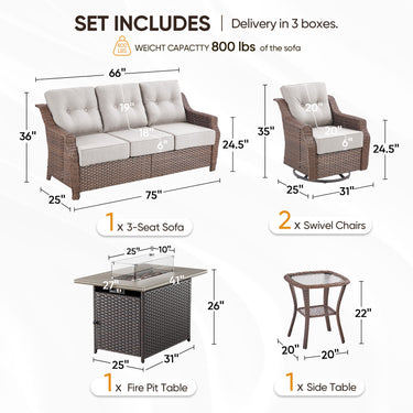 Belord 5-piece wicker swivel glider and sofa patio fire pit set from the Ovolo Series, featuring outdoor seating and fire table.