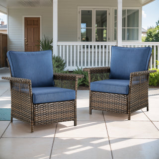 Set of two Belord outdoor wicker patio chairs with 5-inch wide armrests, stainless steel frame, perfect for outdoor seating.