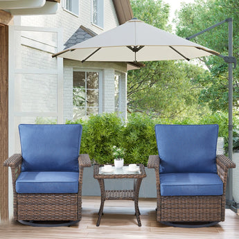 Set of three Belord Wicker Swivel Patio Chairs with side table in SS Series, showing comfortable seating and woven wicker design.