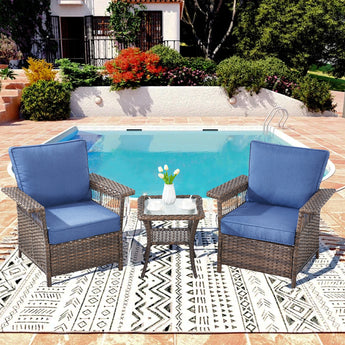 Set of three Belord outdoor wicker patio chairs with a matching side table, perfect for garden or patio lounging.