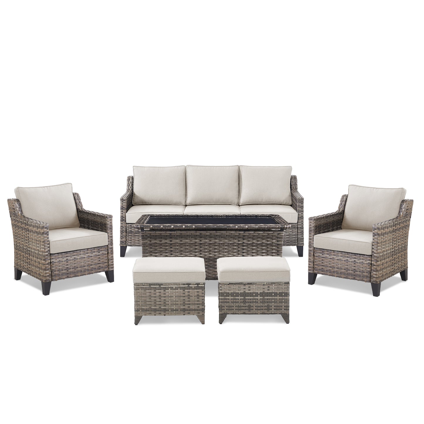 6-Piece Outdoor Lounge Set — Hand-Woven Wicker Sofa, 2 Patio Chairs, 1 Coffee Table & 2 Ottomans with Comfy Cushions, FG Series