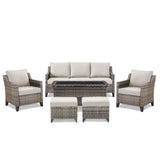 Belord 6-piece outdoor lounge set with hand-woven wicker sofa, patio chairs, coffee table, ottomans, and cushions for patio relaxation