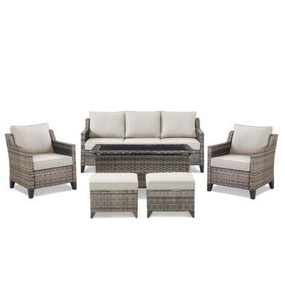 6-Piece Outdoor Lounge Set — Hand-Woven Wicker Sofa, 2 Patio Chairs, 1 Coffee Table & 2 Ottomans with Comfy Cushions, FG Series