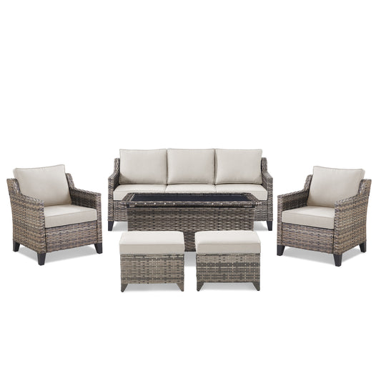 6-Piece Outdoor Lounge Set — Hand-Woven Wicker Sofa, 2 Patio Chairs, 1 Coffee Table & 2 Ottomans with Comfy Cushions, FG Series