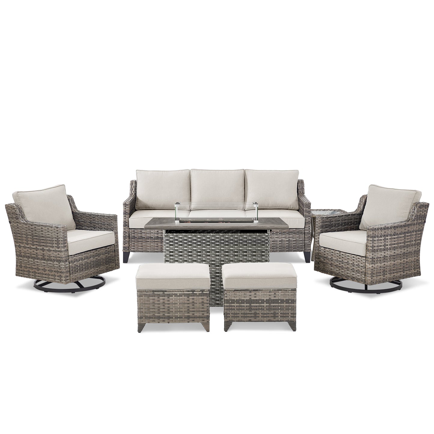 7-Piece Fire Pit Lounge Set: Sofa, 2 Swivel Chairs, Ottoman, Side Table & Long Grey Rattan Fire Pit, FG Series