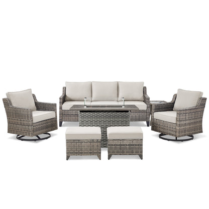 7-Piece Fire Pit Lounge Set: Sofa, 2 Swivel Chairs, Ottoman, Side Table & Long Grey Rattan Fire Pit, FG Series