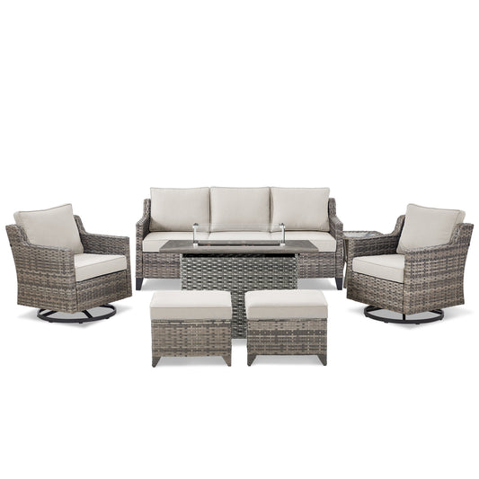7-Piece Fire Pit Lounge Set: Sofa, 2 Swivel Chairs, Ottoman, Side Table & Long Grey Rattan Fire Pit, FG Series