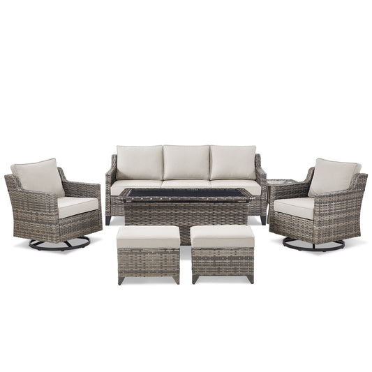 7-Piece Swivel Conversation Group: Sofa, 2 Swivel Chairs, Coffee Table, 2 Ottomans & Side Table, FG Series