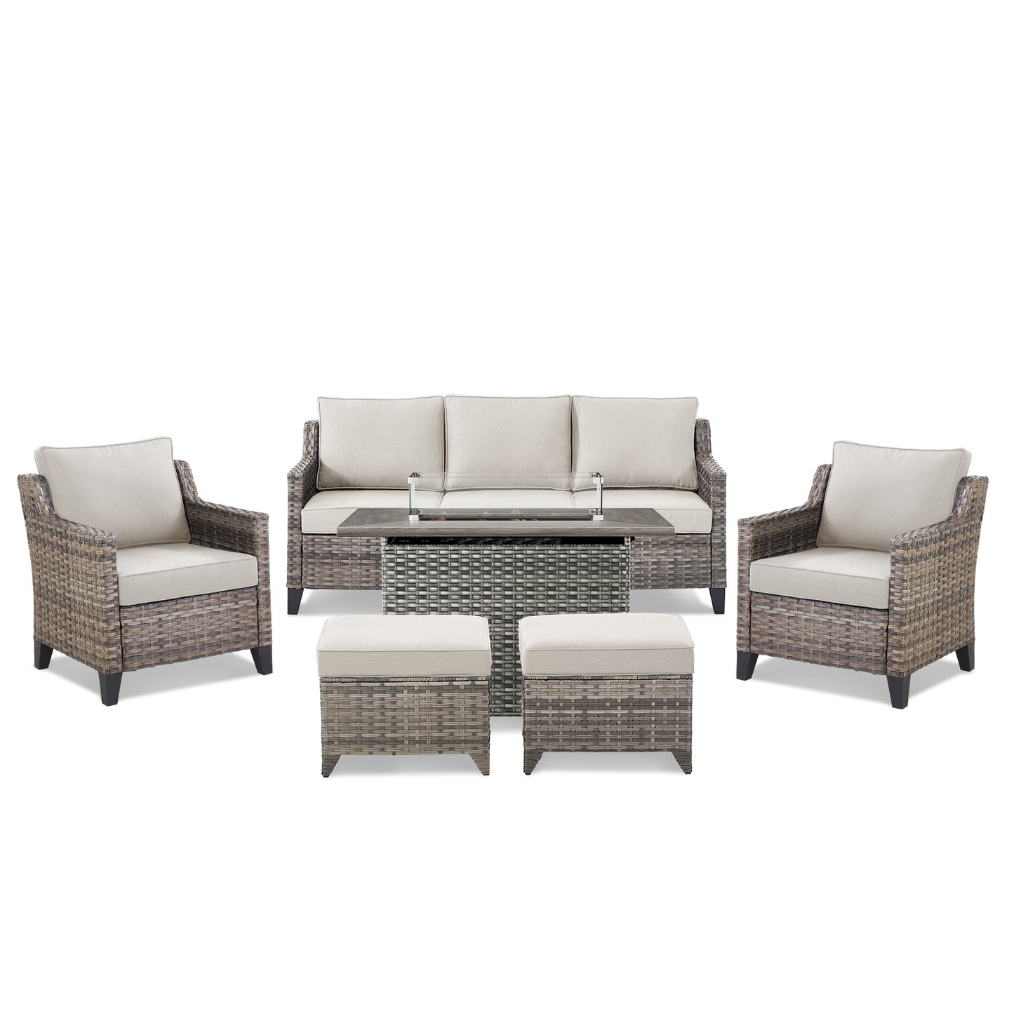 6-Piece Fire Pit Gathering Set: Sofa, 2 Chairs, Ottoman & Long Grey Rattan Hearth, FG Series