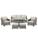 Belord 6-piece fire pit patio set with rattan sofa chairs and ottomans, perfect for outdoor hearth and patio gatherings.