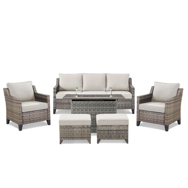 Belord 6-piece fire pit patio set with rattan sofa chairs and ottomans, perfect for outdoor hearth and patio gatherings.