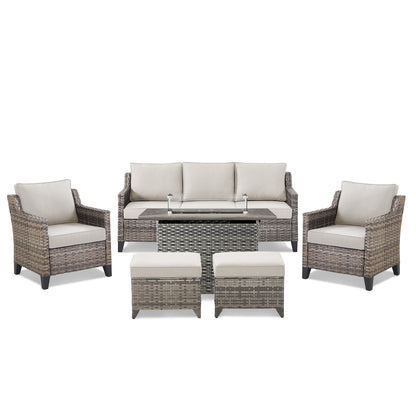 6-Piece Fire Pit Gathering Set: Sofa, 2 Chairs, Ottoman & Long Grey Rattan Hearth, FG Series