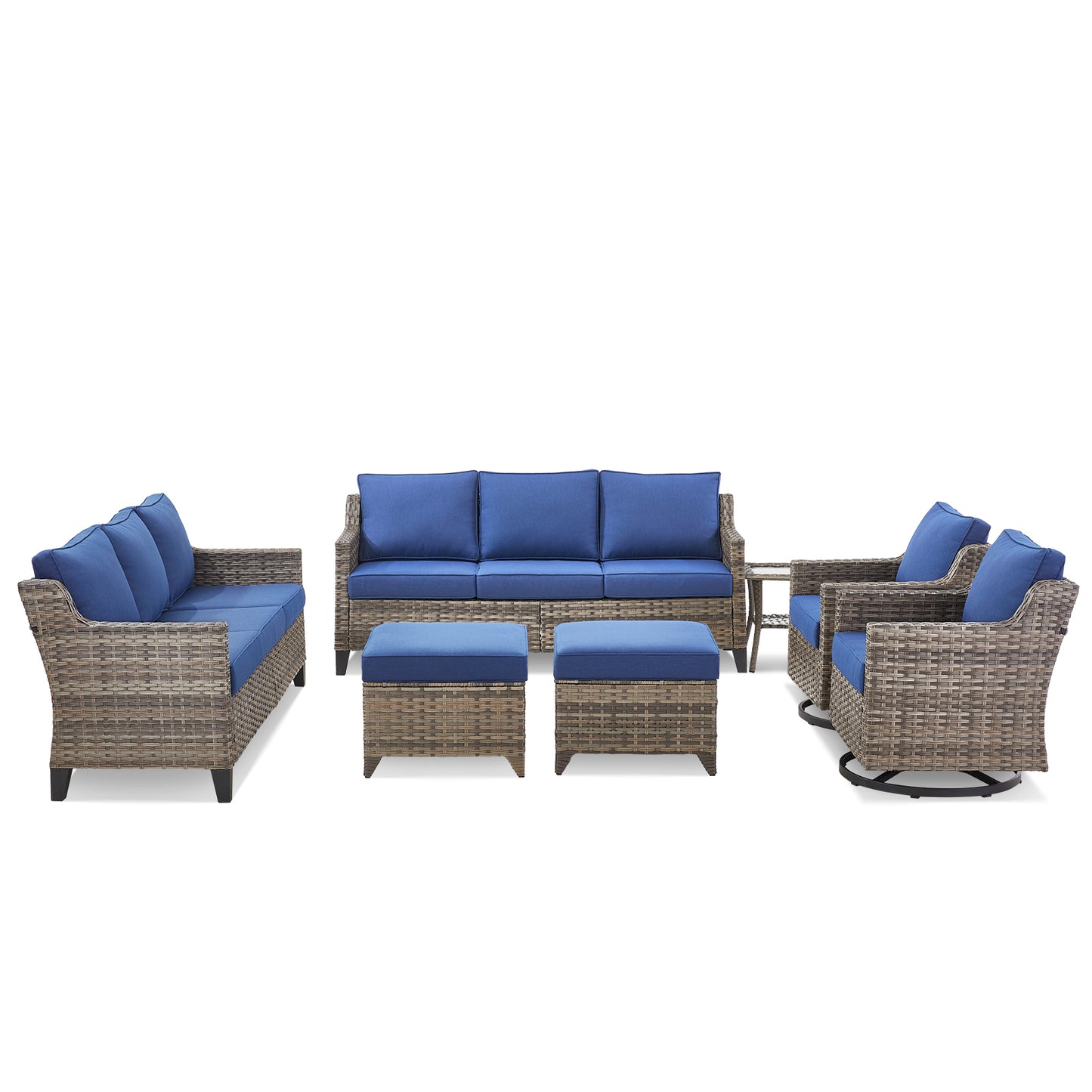 7-Piece Conversation Set with Twin Sofas: 2 Swivel Chairs, 2 Ottomans & Side Table, FG Series