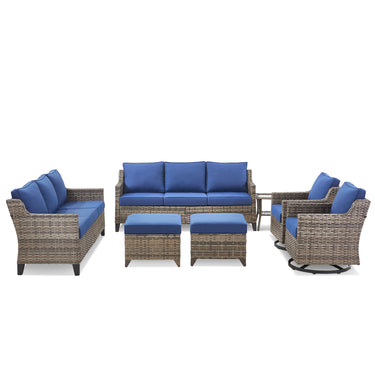 Belord 7-piece patio conversation set with sofas, two swivel chairs, two ottomans, and side table for outdoor relaxation.