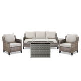 Belord 5-piece outdoor patio furniture set with wicker sofa, two chairs, gray fire pit, and side table for outdoor living.