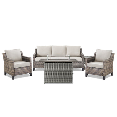 Belord 5-piece outdoor patio furniture set with wicker sofa, two chairs, gray fire pit, and side table for outdoor living.