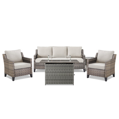 5-Piece Outdoor Patio Furniture Set — Wicker Sofa, 2 Chairs, Gray Fire Pit & Side Table, FG Series