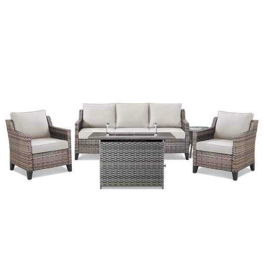 5-Piece Outdoor Patio Furniture Set — Wicker Sofa, 2 Chairs, Gray Fire Pit & Side Table, FG Series