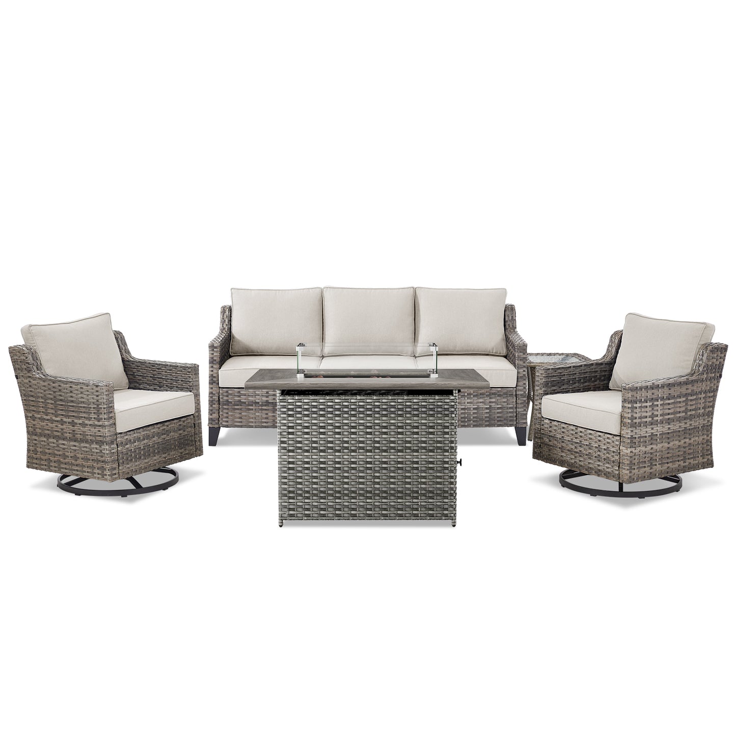 5-Piece Outdoor Patio Furniture Set — Wicker Sofa, 2 Swivel Chairs, Gray Fire Pit & Side Table, FG Series