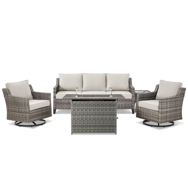 Belord 5-piece outdoor patio furniture set with wicker sofa, two swivel chairs, gray fire pit, and side table.