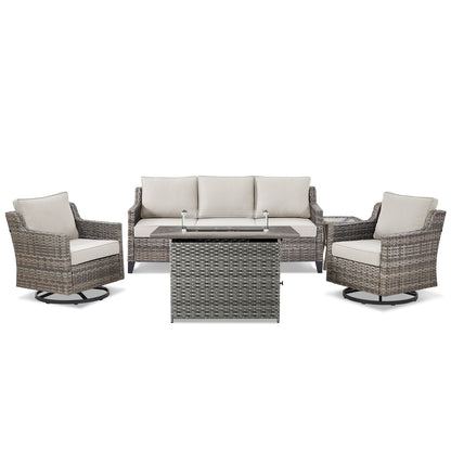 5-Piece Outdoor Patio Furniture Set — Wicker Sofa, 2 Swivel Chairs, Gray Fire Pit & Side Table, FG Series