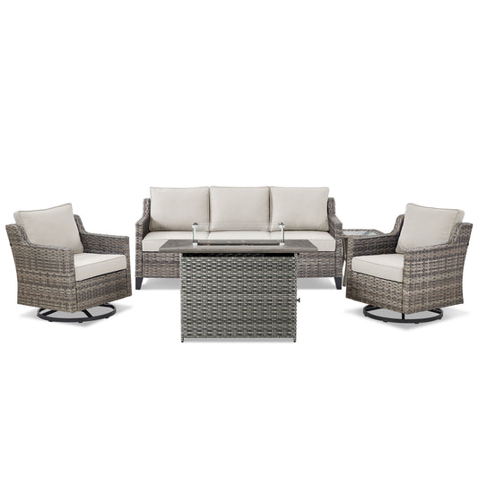 5-Piece Outdoor Patio Furniture Set — Wicker Sofa, 2 Swivel Chairs, Gray Fire Pit & Side Table, FG Series