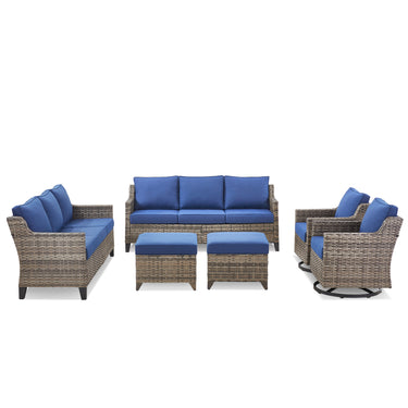 Belord 6-piece outdoor patio conversation set with high-back sectional, wicker swivel rockers, perfect for outdoor living spaces.