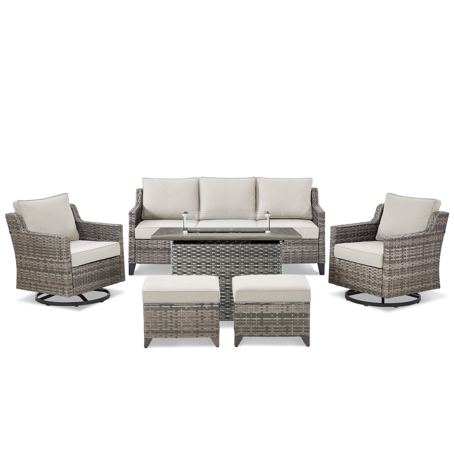 6-Piece Fire Pit Set with Swivel Chairs: Sofa, 2 Swivel Chairs, 2 Ottomans & Long Grey Rattan Fire Pit, FG Series