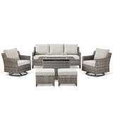 Belord 6-piece fire pit patio set with swivel chairs, sofas, and ottomans featuring rattan design and a central fire table.