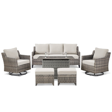 Belord 6-piece fire pit patio set with swivel chairs, sofas, and ottomans featuring rattan design and a central fire table.