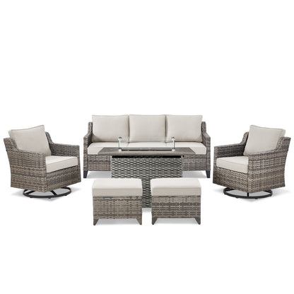 6-Piece Fire Pit Set with Swivel Chairs: Sofa, 2 Swivel Chairs, 2 Ottomans & Long Grey Rattan Fire Pit, FG Series