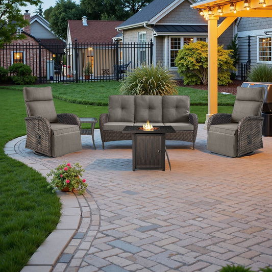 5-Piece Outdoor Set: PE Wicker Swivel Recliners + Sofa & 30" Propane Fire Table - NDS Series