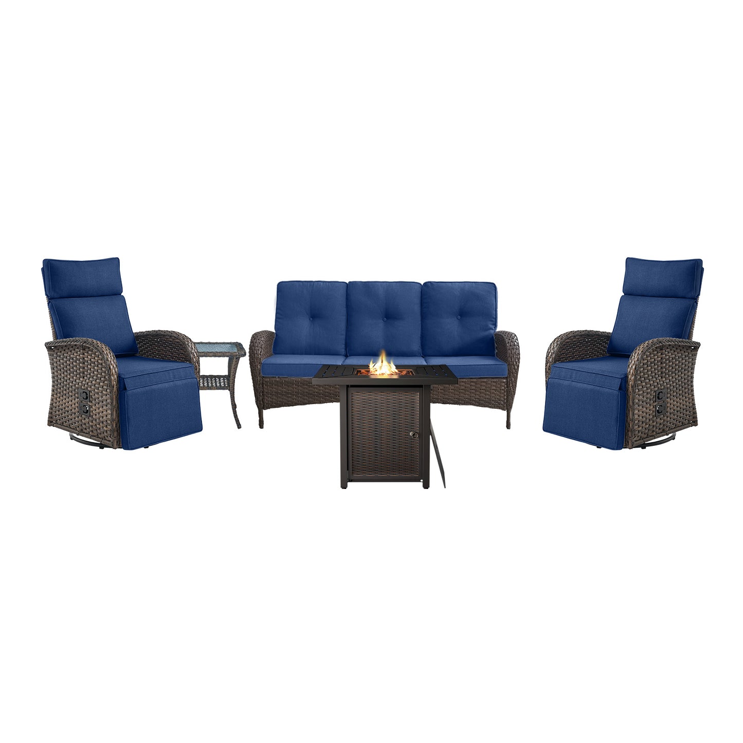 5-Piece Outdoor Set: PE Wicker Swivel Recliners + Sofa & 30" Propane Fire Table - NDS Series