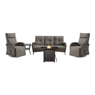 5-Piece Outdoor Set: PE Wicker Swivel Recliners + Sofa & 30 Inch Propane Fire Table - NDS Series - Belord