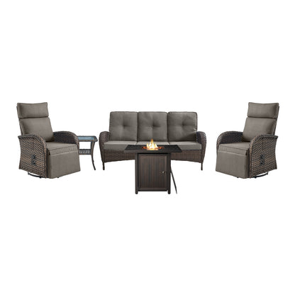 5-Piece Outdoor Set: PE Wicker Swivel Recliners + Sofa & 30" Propane Fire Table - NDS Series
