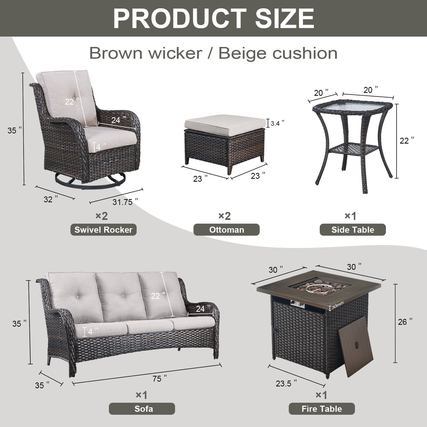 Patio Conversation Set 7-Piece with Fire Pit Table, Swivel Glider Chairs, Patio Chairs, Sofa and Side Table, NTC Series